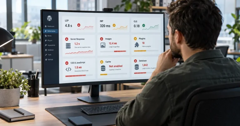 Lassú WordPress weboldal teljesítményproblémáinak elemzése, kiemelve a szerverválaszt, képeket, bővítményeket, JavaScriptet, cache-t és adatbázist